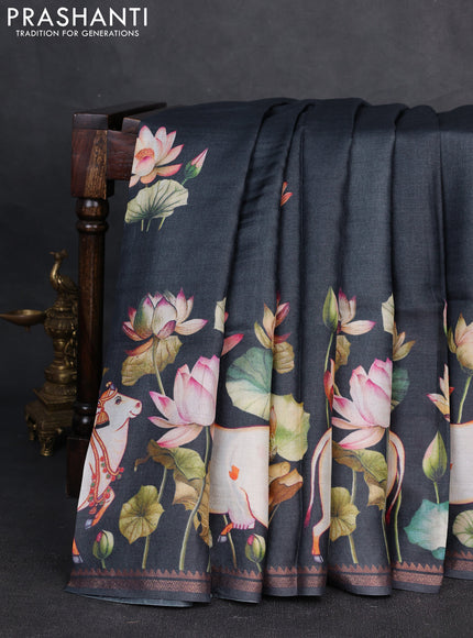 Pure tussar silk saree elephant grey with pichwai prints and zari woven border