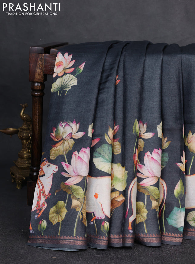 Pure tussar silk saree elephant grey with pichwai prints and zari woven border