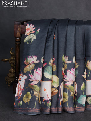 Pure tussar silk saree elephant grey with pichwai prints and zari woven border