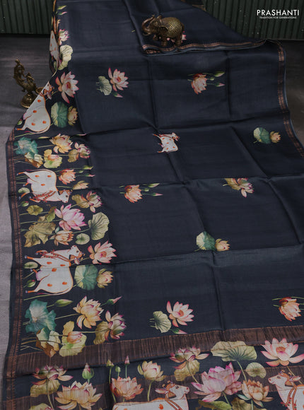 Pure tussar silk saree elephant grey with pichwai prints and zari woven border