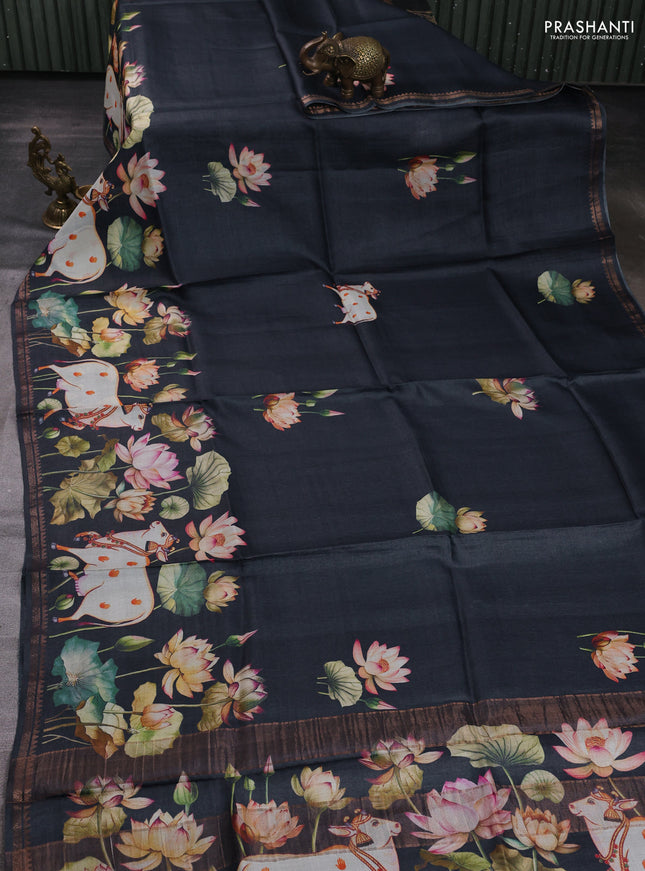 Pure tussar silk saree elephant grey with pichwai prints and zari woven border
