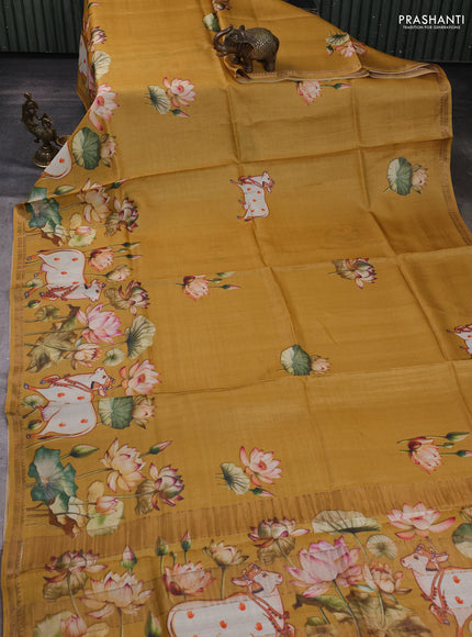 Pure tussar silk saree mustard yellow with pichwai prints and zari woven border