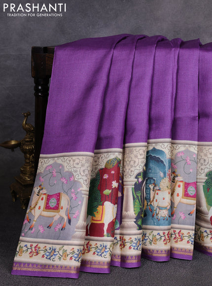 Pure tussar silk saree purple with plain body and long pichwai printed zari border