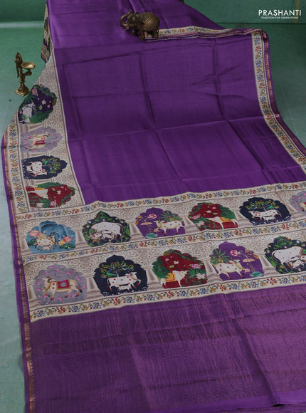 Pure tussar silk saree purple with plain body and long pichwai printed zari border