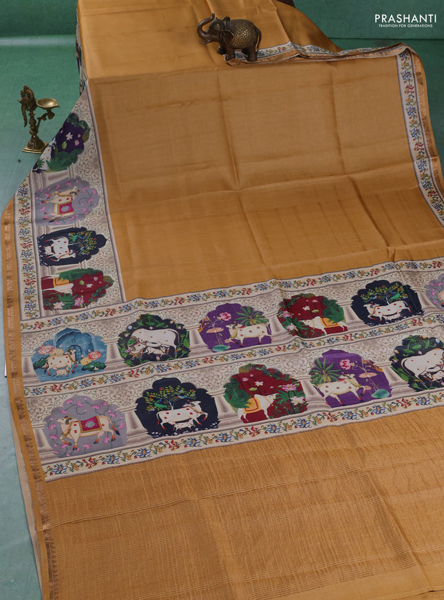 Pure tussar silk saree mustard yellow with plain body and long pichwai printed zari border
