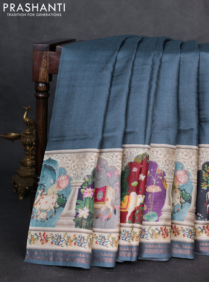 Pure tussar silk saree bluish grey with plain body and long pichwai printed zari border