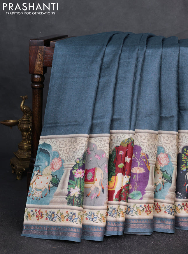 Pure tussar silk saree bluish grey with plain body and long pichwai printed zari border