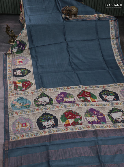 Pure tussar silk saree bluish grey with plain body and long pichwai printed zari border