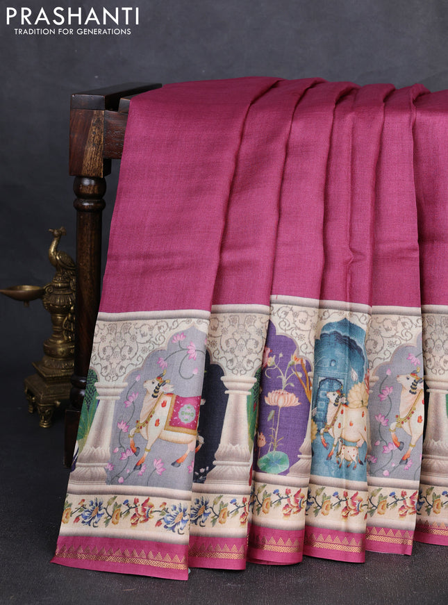 Pure tussar silk saree magenta pink with plain body and long pichwai printed zari border