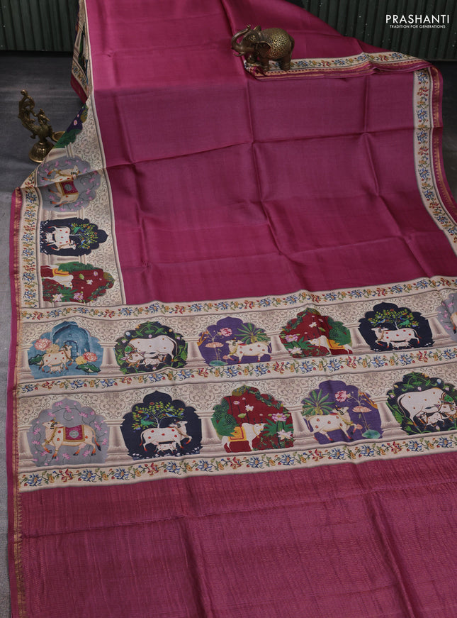 Pure tussar silk saree magenta pink with plain body and long pichwai printed zari border