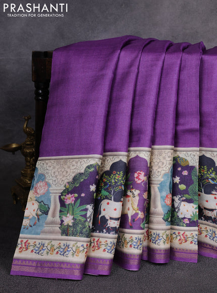 Pure tussar silk saree violet with plain body and long pichwai printed zari border
