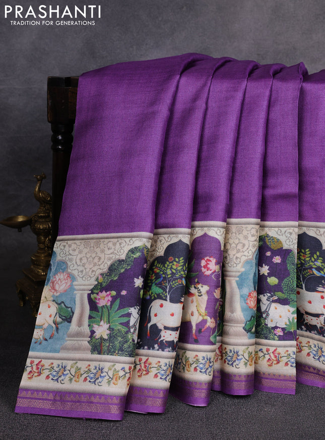 Pure tussar silk saree violet with plain body and long pichwai printed zari border