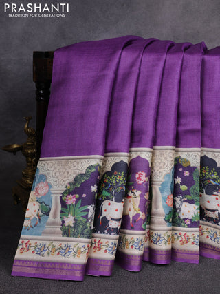 Pure tussar silk saree violet with plain body and long pichwai printed zari border