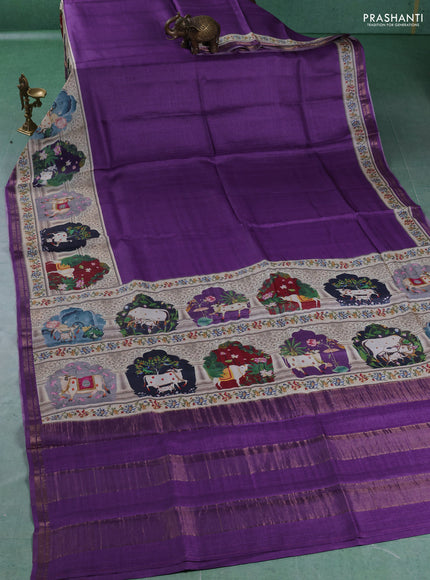 Pure tussar silk saree violet with plain body and long pichwai printed zari border
