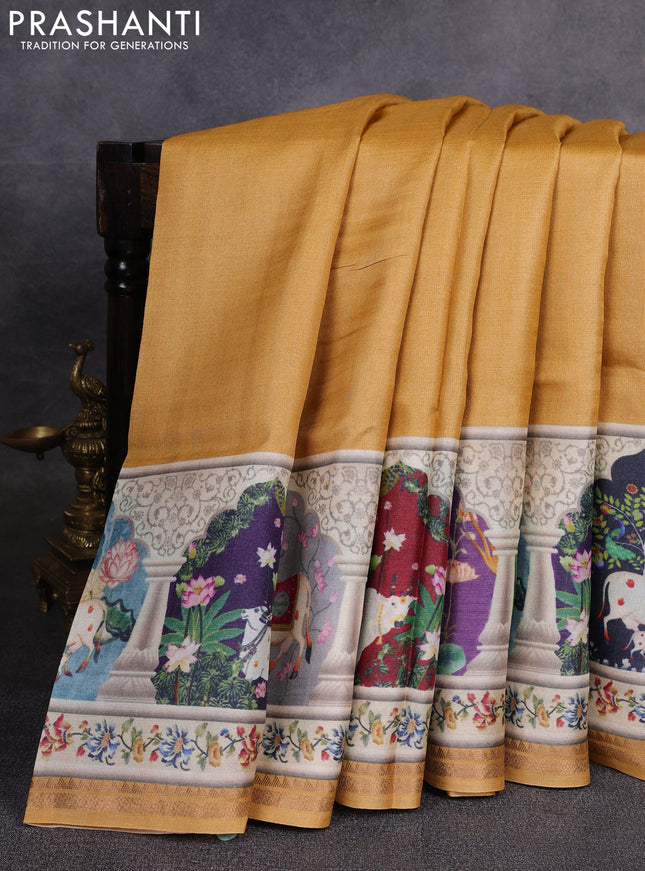 Pure tussar silk saree yellow with plain body and long pichwai printed zari border