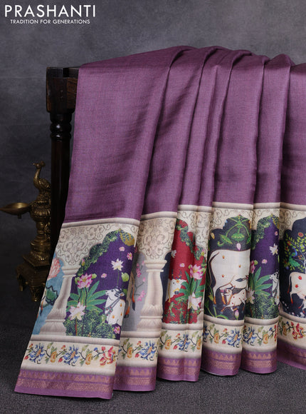 Pure tussar silk saree pastel purple with plain body and long pichwai printed zari border