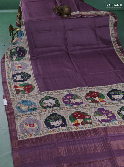 Pure tussar silk saree pastel purple with plain body and long pichwai printed zari border