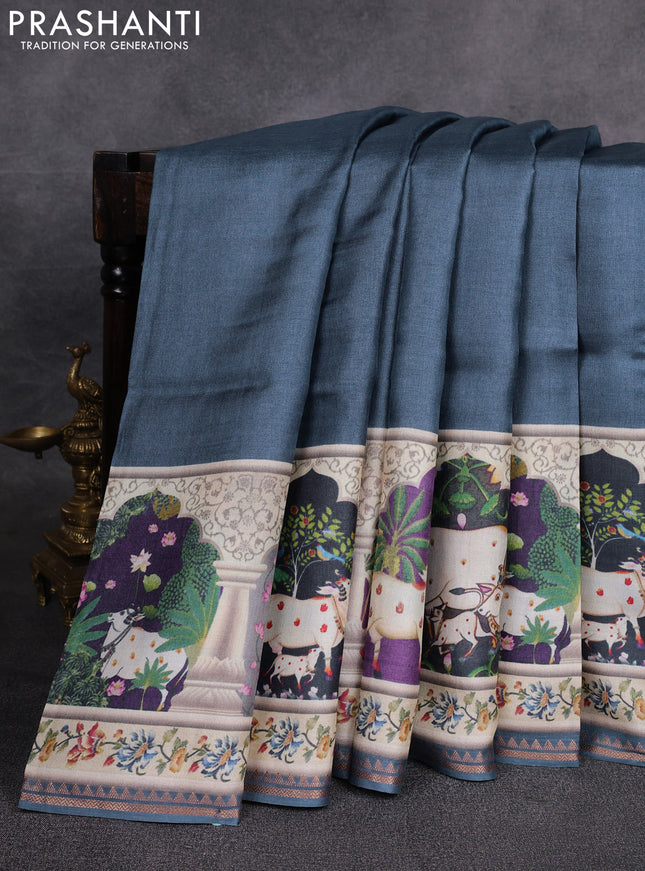 Pure tussar silk saree grey with plain body and long pichwai printed zari border