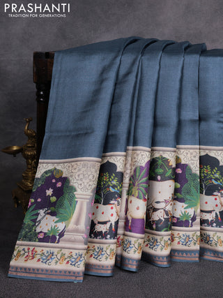Pure tussar silk saree grey with plain body and long pichwai printed zari border