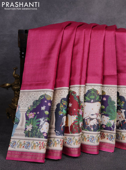 Pure tussar silk saree dark pink with plain body and long pichwai printed zari border