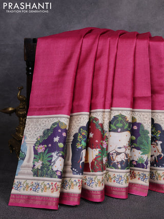 Pure tussar silk saree dark pink with plain body and long pichwai printed zari border