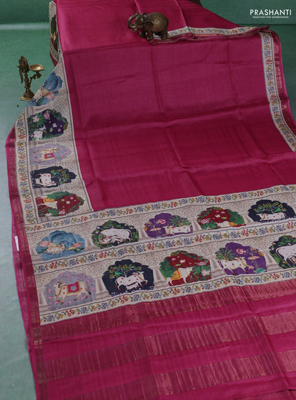 Pure tussar silk saree dark pink with plain body and long pichwai printed zari border