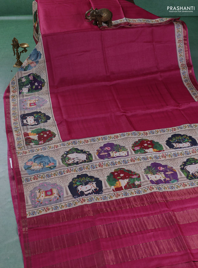Pure tussar silk saree dark pink with plain body and long pichwai printed zari border