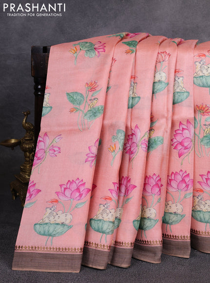 Pure tussar silk saree peach shade with allover pichwai prints and woven border