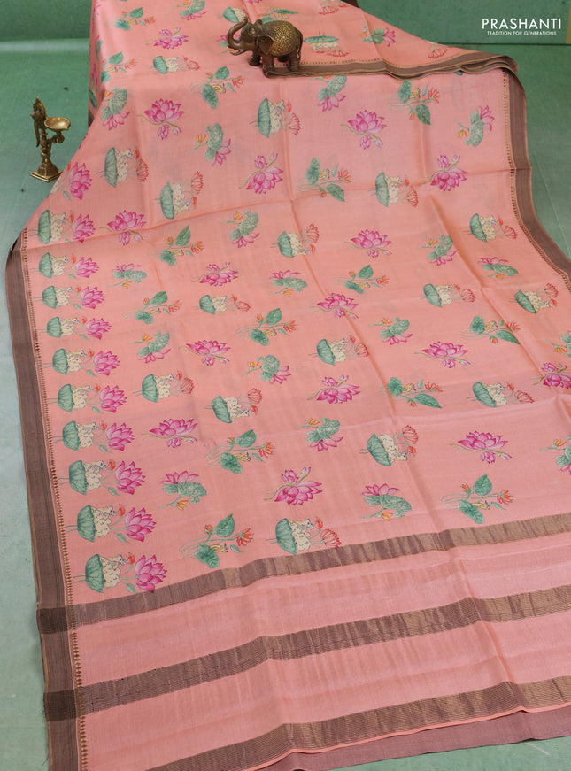 Pure tussar silk saree peach shade with allover pichwai prints and woven border
