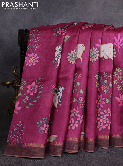 Pure tussar silk saree wine shade with allover pichwai prints and woven border