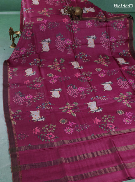 Pure tussar silk saree wine shade with allover pichwai prints and woven border
