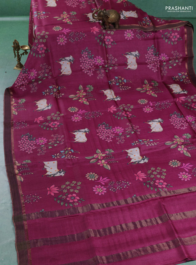 Pure tussar silk saree wine shade with allover pichwai prints and woven border