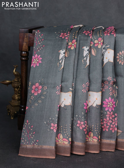 Pure tussar silk saree grey with allover pichwai prints and woven border
