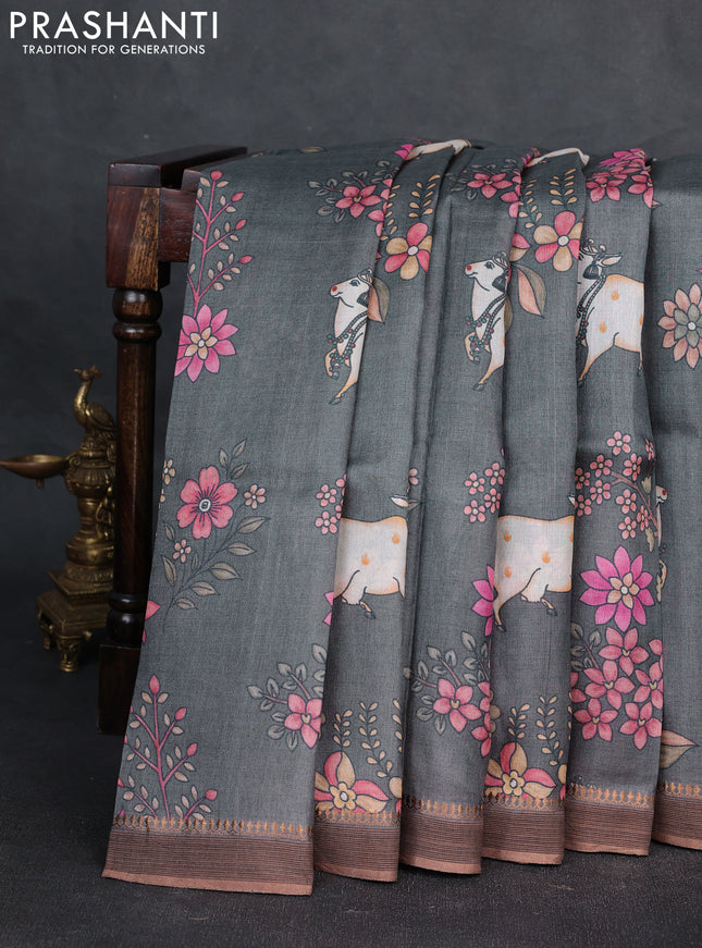 Pure tussar silk saree grey with allover pichwai prints and woven border