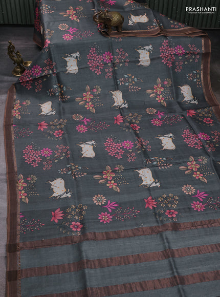 Pure tussar silk saree grey with allover pichwai prints and woven border