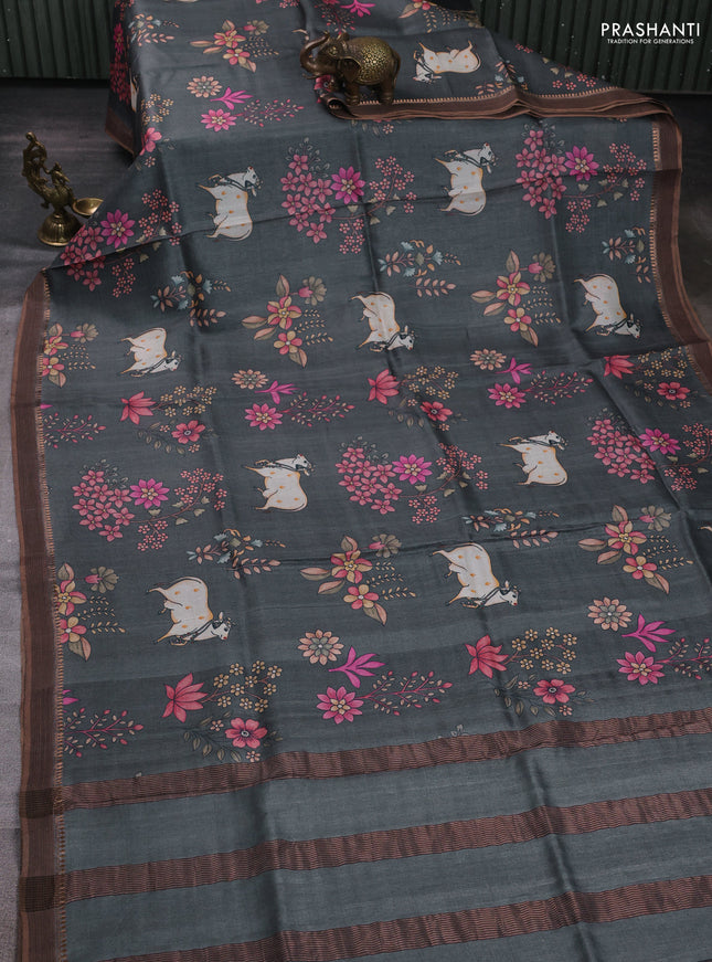 Pure tussar silk saree grey with allover pichwai prints and woven border