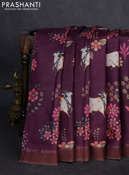 Pure tussar silk saree wine shade with allover pichwai prints and woven border
