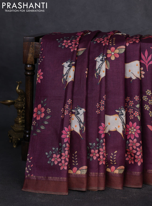Pure tussar silk saree wine shade with allover pichwai prints and woven border