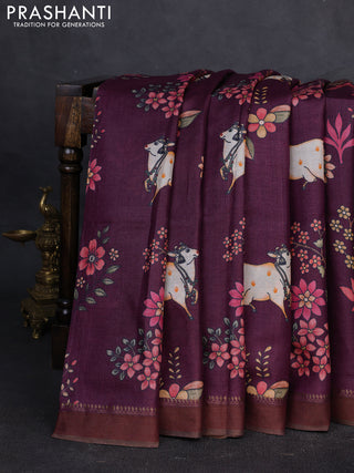 Pure tussar silk saree wine shade with allover pichwai prints and woven border