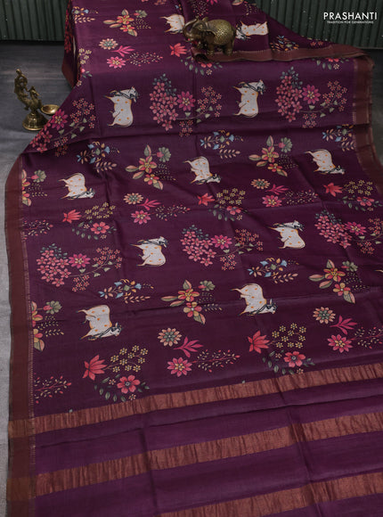 Pure tussar silk saree wine shade with allover pichwai prints and woven border