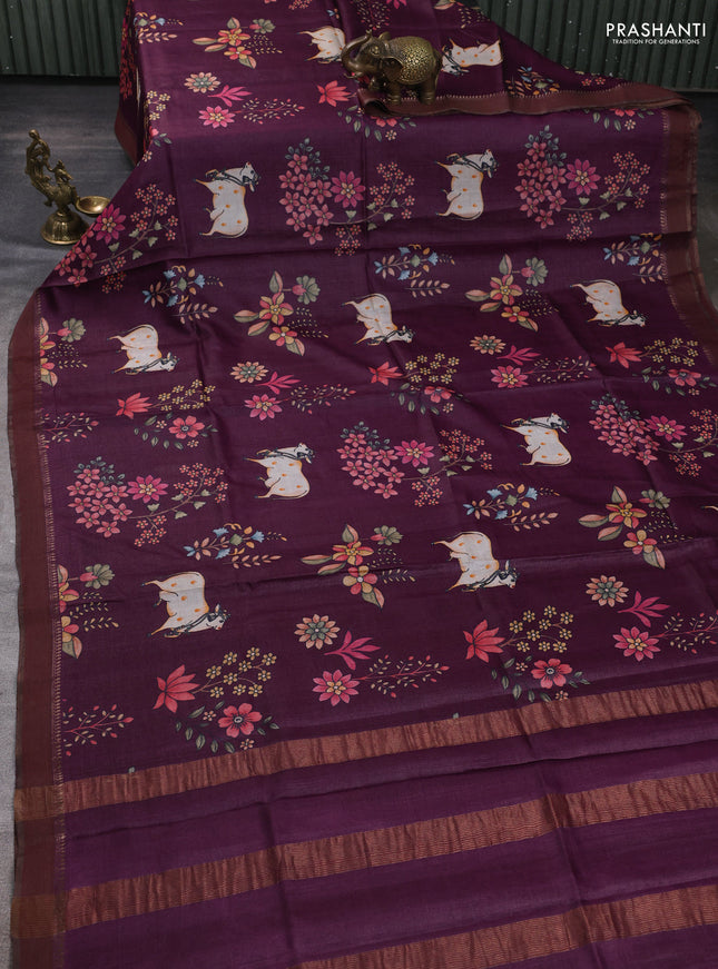 Pure tussar silk saree wine shade with allover pichwai prints and woven border
