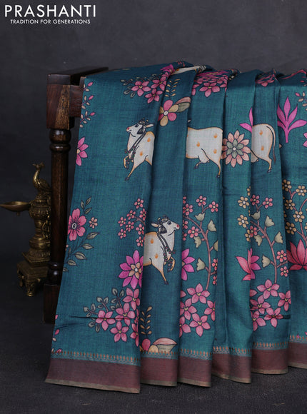 Pure tussar silk saree peacock blue with allover pichwai prints and woven border