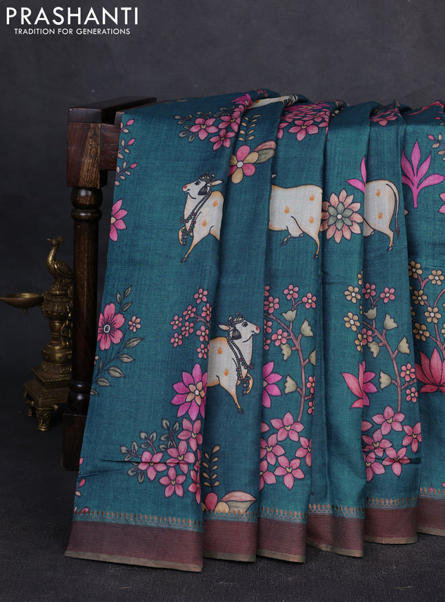 Pure tussar silk saree peacock blue with allover pichwai prints and woven border