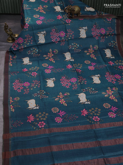 Pure tussar silk saree peacock blue with allover pichwai prints and woven border