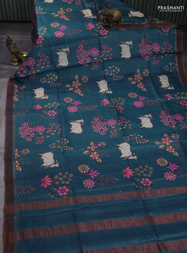 Pure tussar silk saree peacock blue with allover pichwai prints and woven border
