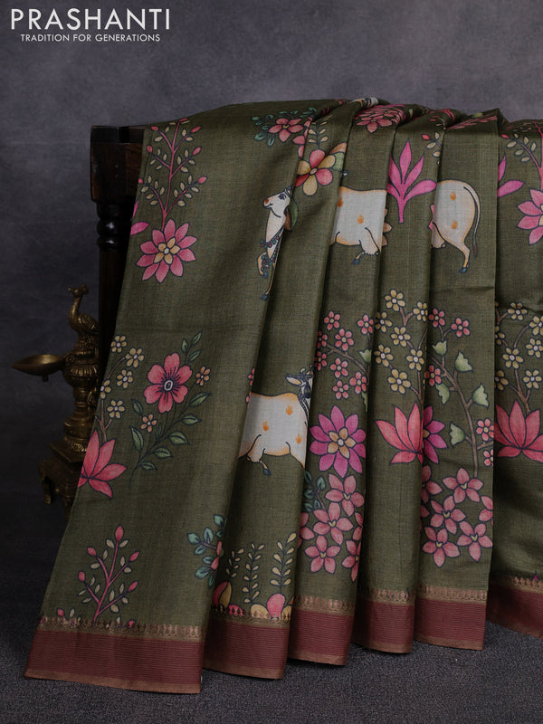 Pure tussar silk saree sap green with allover pichwai prints and woven border