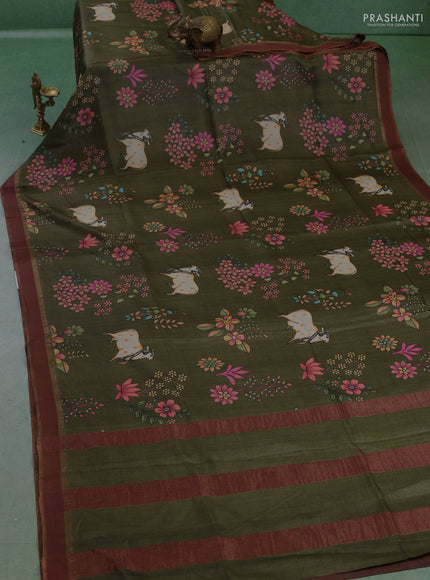 Pure tussar silk saree sap green with allover pichwai prints and woven border