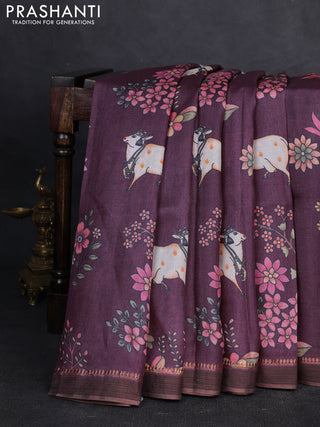 Pure tussar silk saree wine shade with allover pichwai prints and woven border