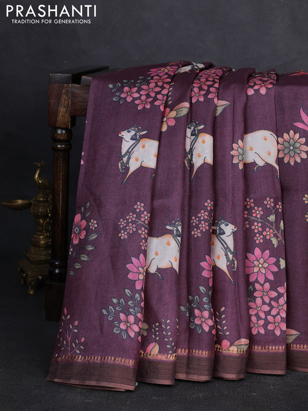 Pure tussar silk saree wine shade with allover pichwai prints and woven border