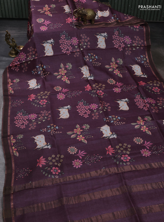 Pure tussar silk saree wine shade with allover pichwai prints and woven border